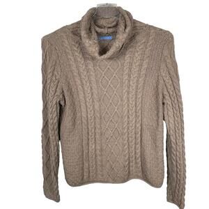 Burgess Cashmere Blend Cable Knit Sweater Women M Tan Soft Funnel Neck Fisherman